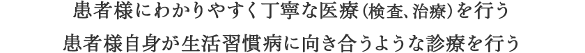 患者様にわかりやすく丁寧な医療（検査、治療）を行う 患者様自身が生活習慣病に向き合うような診療を行う